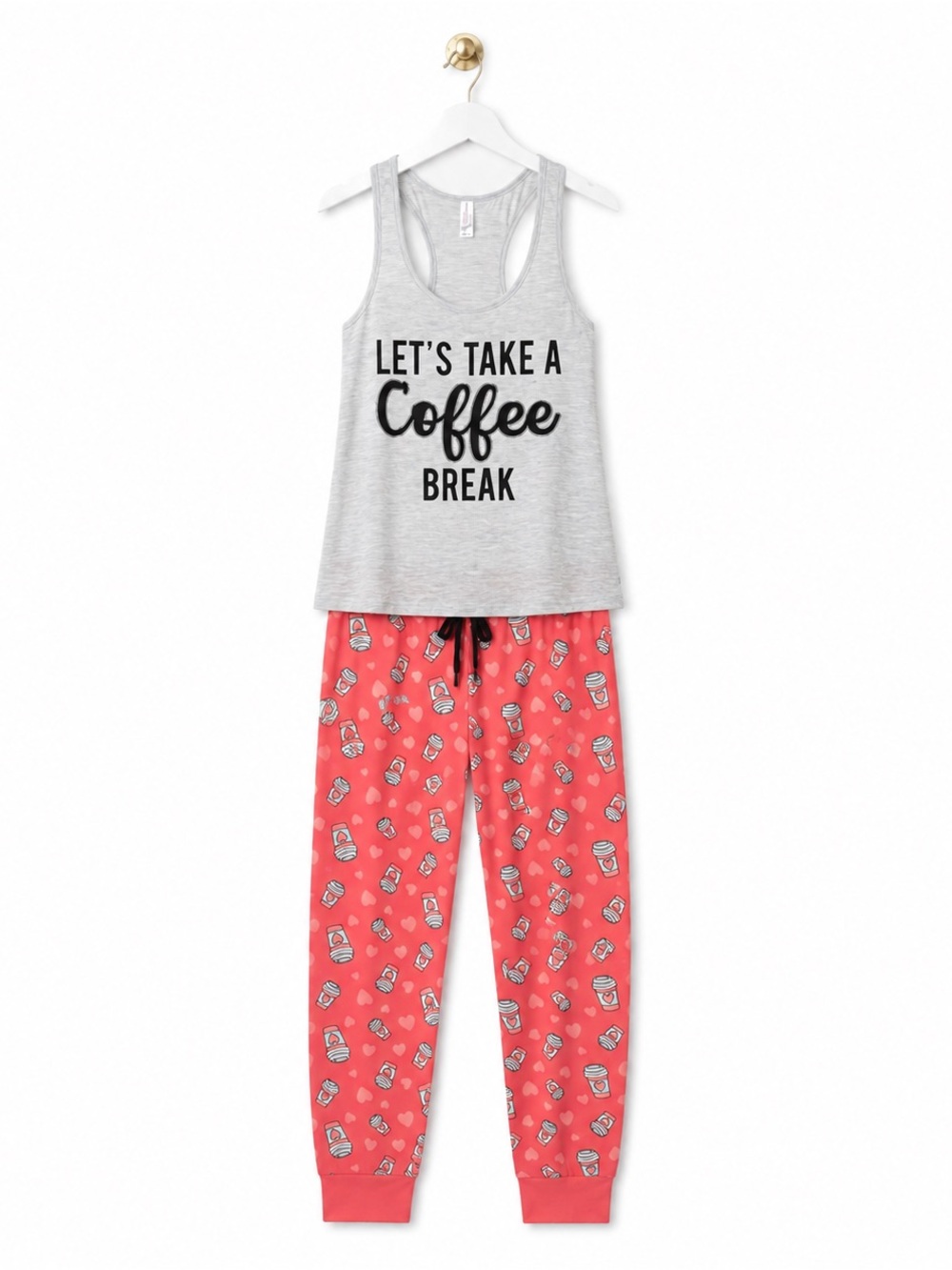 French Affair Pajama Set XL Coffee Print Tank Top Jogger Pants NWT Sleepwear